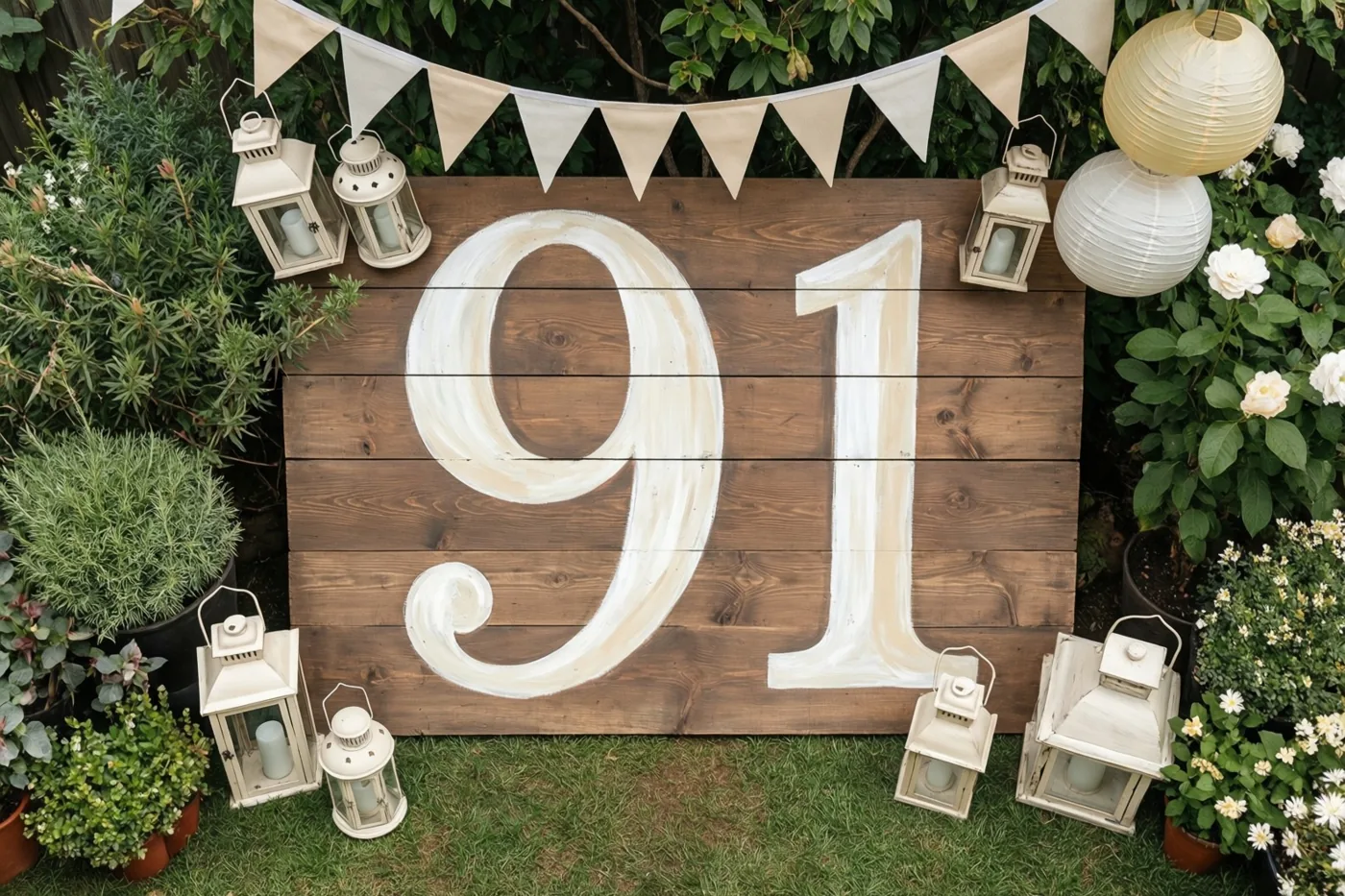 Een houten bord met 91 in witte verf staat in een tuin tussen groen, vlaggetjes en witte lantaarns.