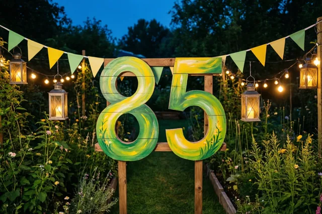 Een groot beschilderd houten bord met 85 staat bij schemering in een groene tuin, tussen lichtsnoeren, hangende lantaarns en groene en gele vlaggetjes.