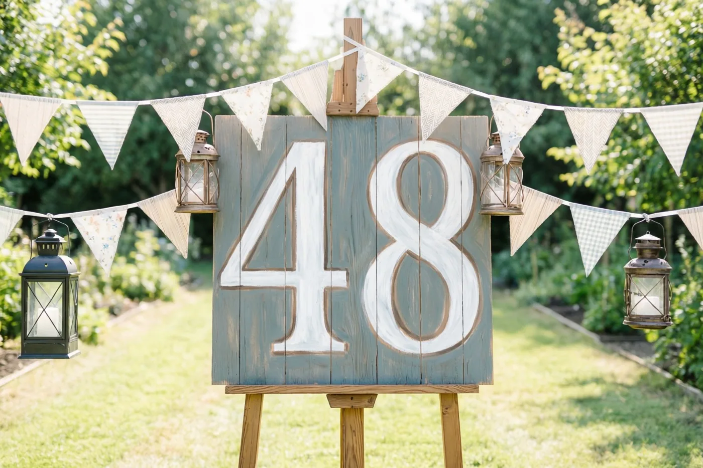 Een groot houten bord met 48 staat op een schildersezel in een zonnige tuin met vlaggetjes en hangende lantaarns, in blauwgrijze, witte en groene tinten.