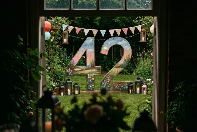 Door een open deuropening is een tuinfeest te zien met een groot beschilderd houten bord met 42, vlaggetjes, lantaarns en groen.
