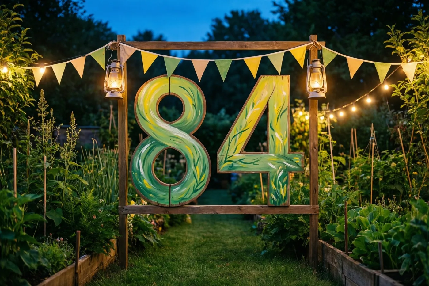 Een groot beschilderd houten bord met 84 staat op een tuinpad tussen houten palen met hangende lantaarns en een vlaggenlijn in de schemering.