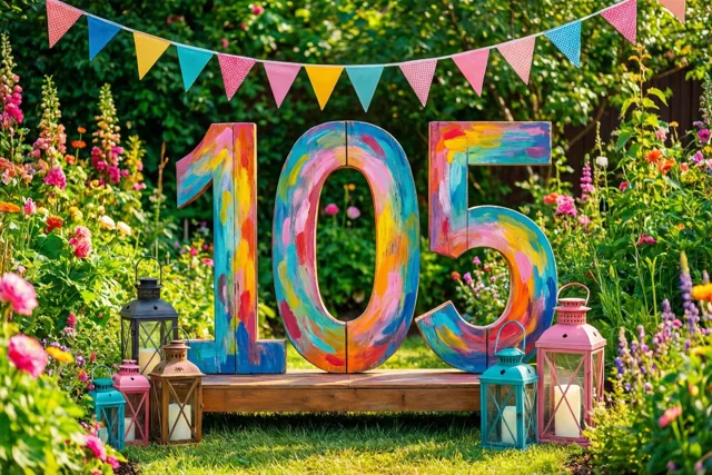 Een groot, kleurrijk beschilderd houten bord met het getal 105 staat in een tuin tussen bloemen, vlaggetjes en lampions.