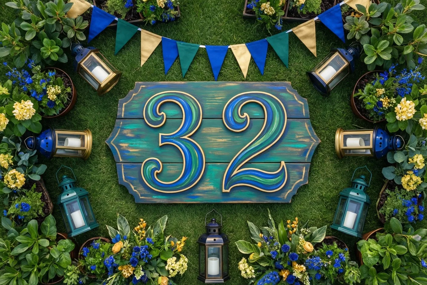 Een houten bord met 32 staat op groen gras tussen bloemen in potten, lantaarns en een kleurrijke vlaggenlijn.
