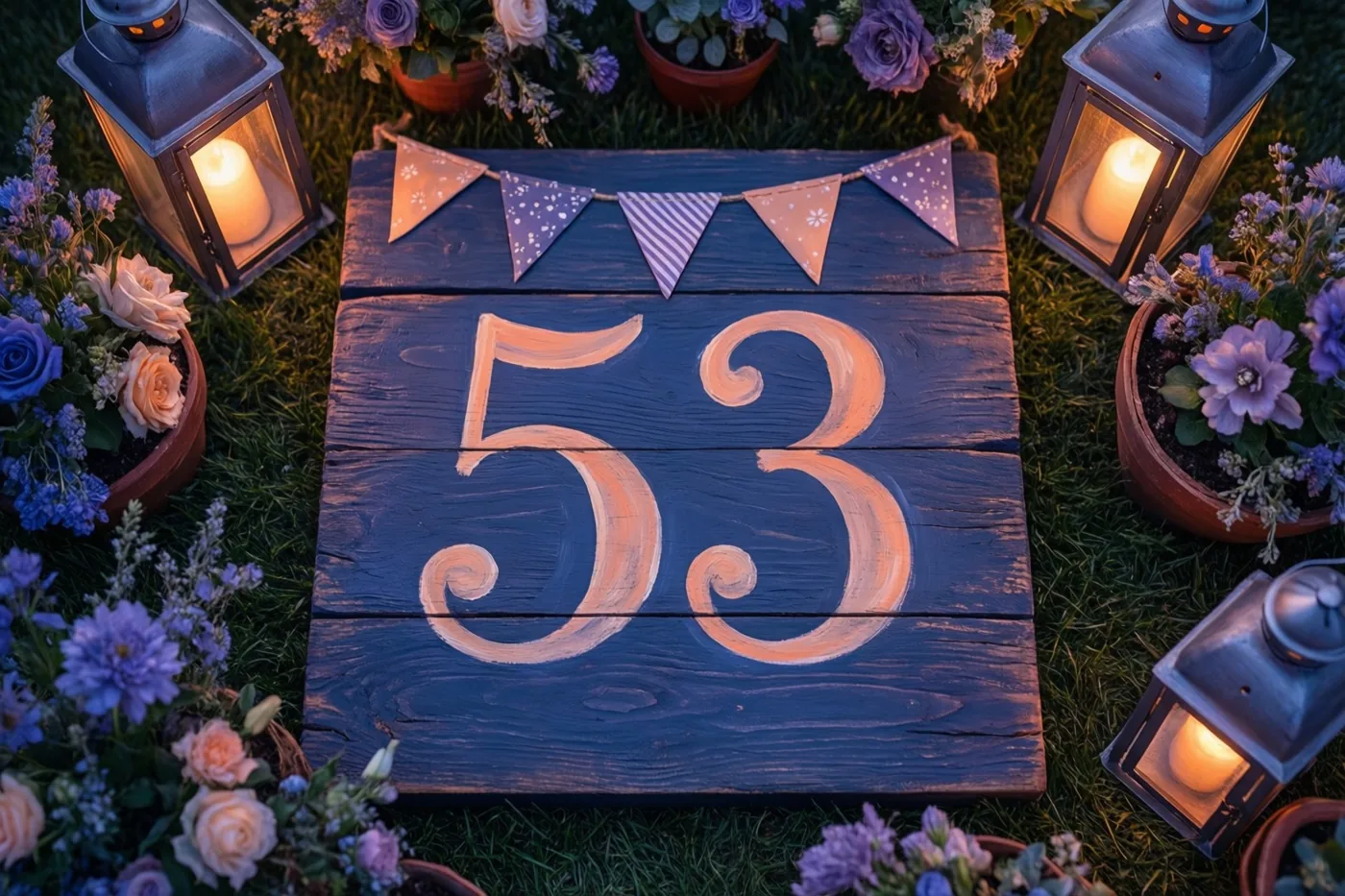 Een houten bord met het geschilderde getal 53 staat op het gras tussen bloemen in potten en brandende lantaarns in een tuin bij schemering.