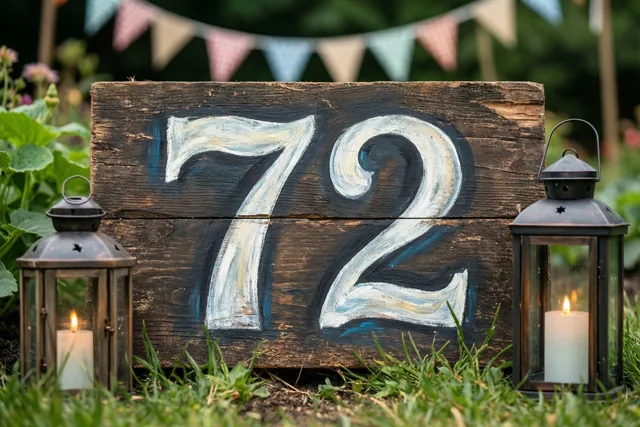 Een houten bord met 72 in witte verf staat in een grastuin tussen twee brandende lantaarns, met kleurrijke vlaggetjes op de achtergrond.