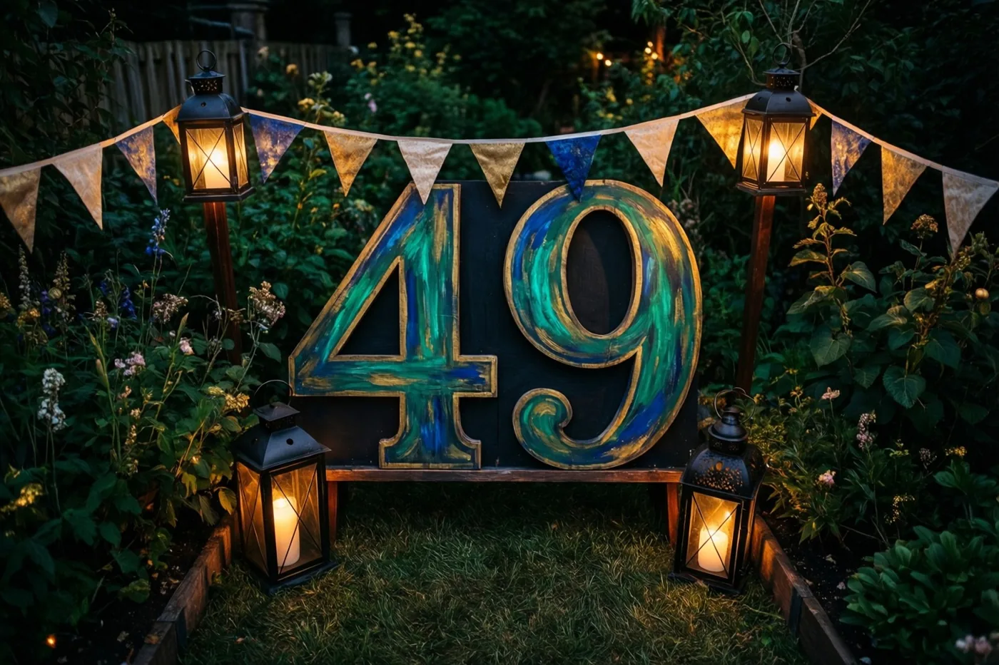 Een groot beschilderd houten bord met 49 staat 's nachts in een tuin tussen brandende lantaarns en een vlaggenlijn in warm kaarslicht.