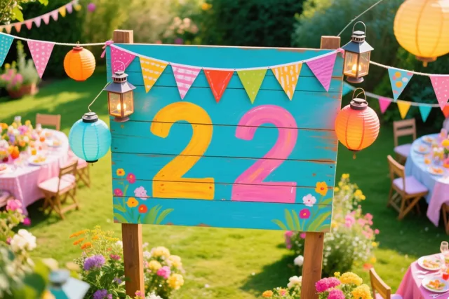 Een groot houten bord met het geschilderde getal 22 staat in een zonnige tuin met vlaggenlijnen, lantaarns, kleurrijke bloemen, tafels en stoelen.