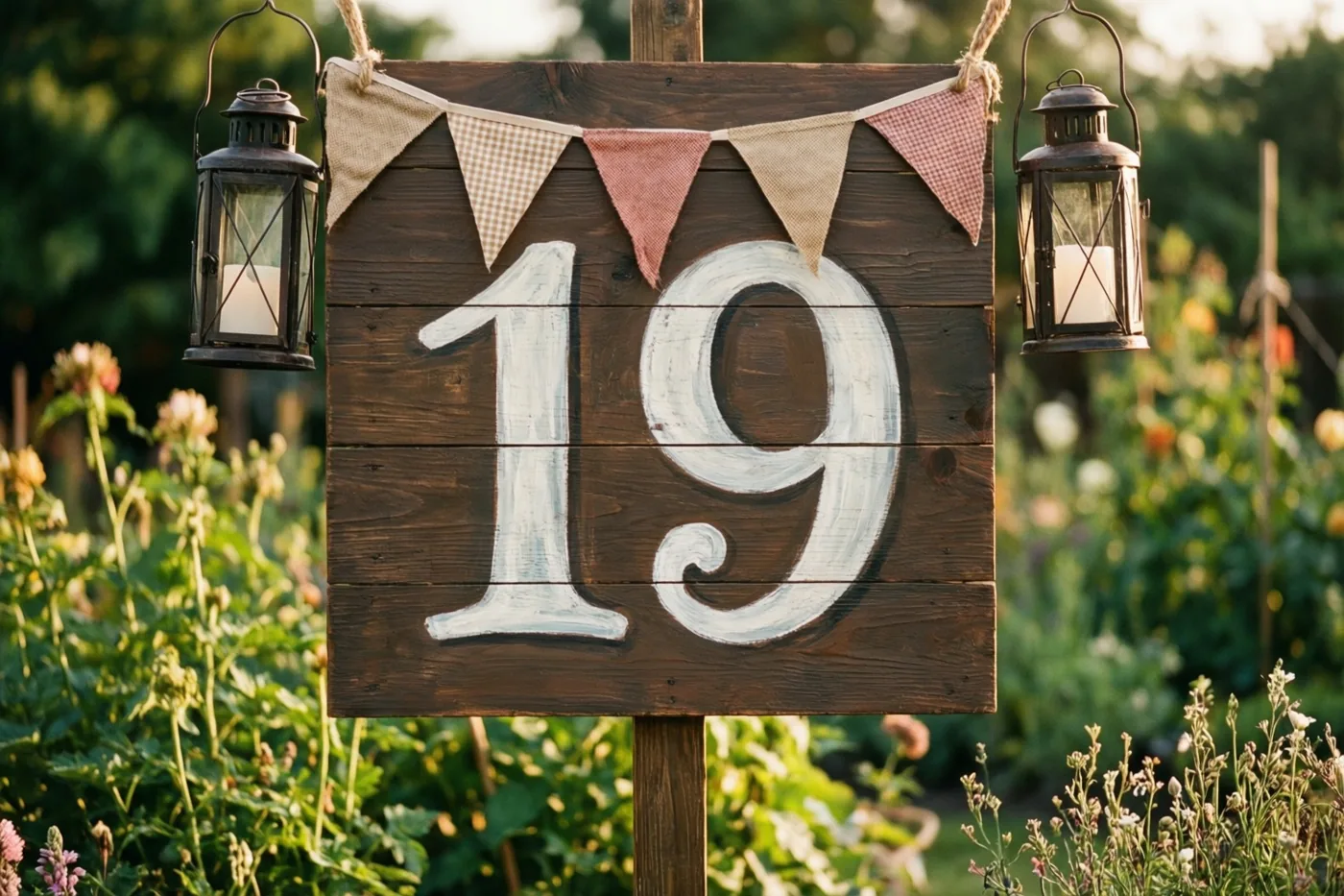 Een houten bord met 19 in witte verf staat in een tuin tussen groen en bloemen, versierd met vlaggetjes en geflankeerd door hangende lantaarns.