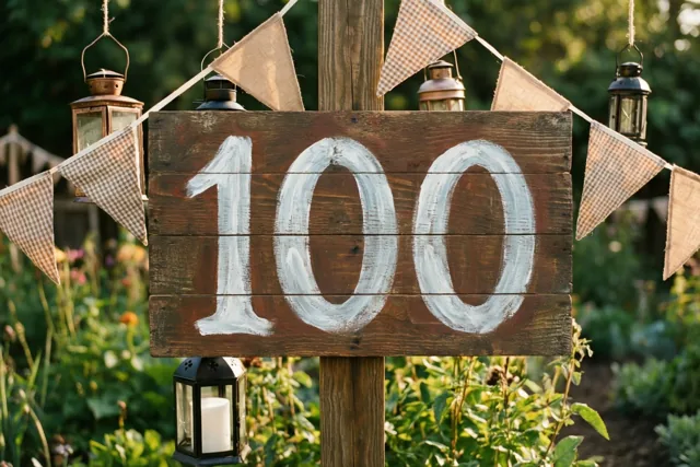 Een rustiek houten bord met 100 in witte verf staat in een groene tuin tussen vlaggenlijnen en hangende lantaarns.