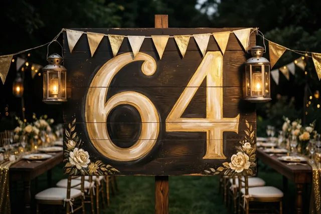 Een groot houten bord met het getal 64 in goud staat 's nachts op een tuinfeest tussen lantaarns en vlaggetjes, met tafels en stoelen op de achtergrond.