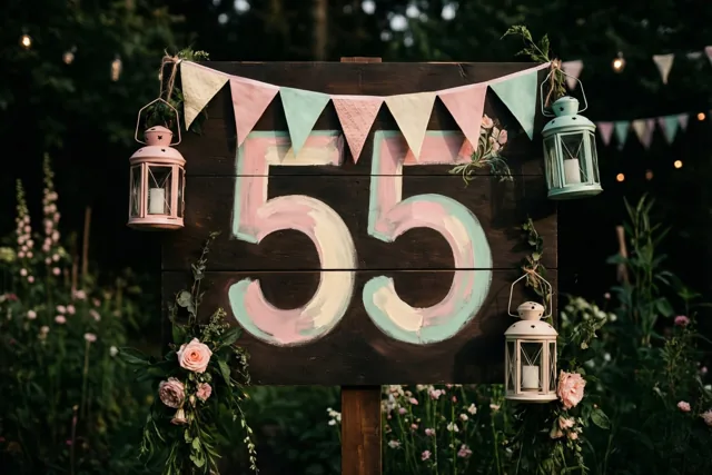 Een houten bord met 55 in pastelkleuren staat in een tuin met vlaggetjes en hangende lantaarns, met bloemen en lichtslingers op de achtergrond.