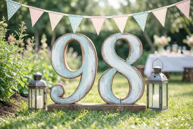 Een groot beschilderd houten bord met 98 staat op het gras tussen twee metalen lantaarns met kaarsen, onder een slinger met kleurrijke vlaggetjes.