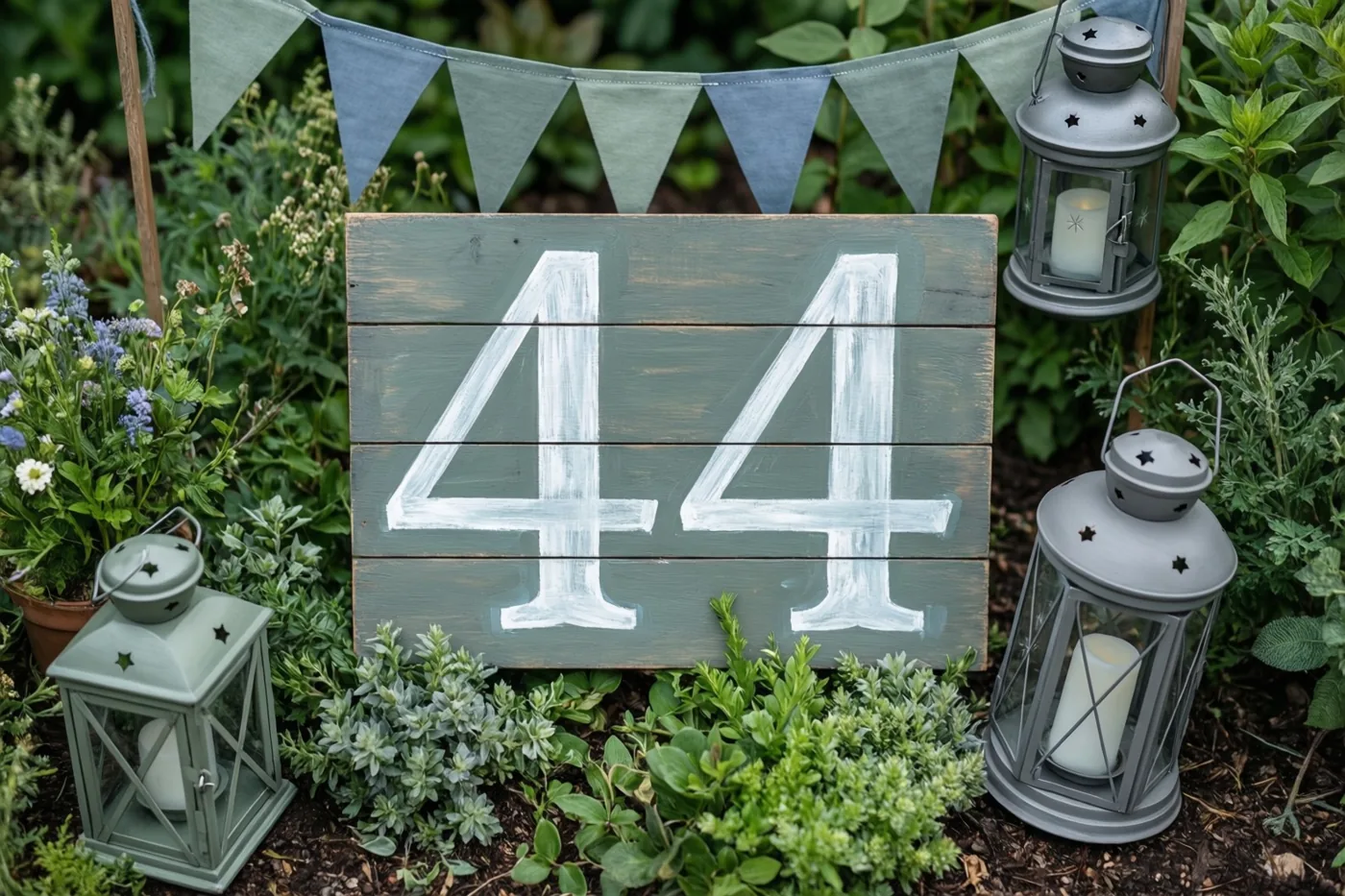 Een houten bord met 44 in witte verf staat in een tuin tussen groen, vlaggetjes en metalen lantaarns met kaarsen.