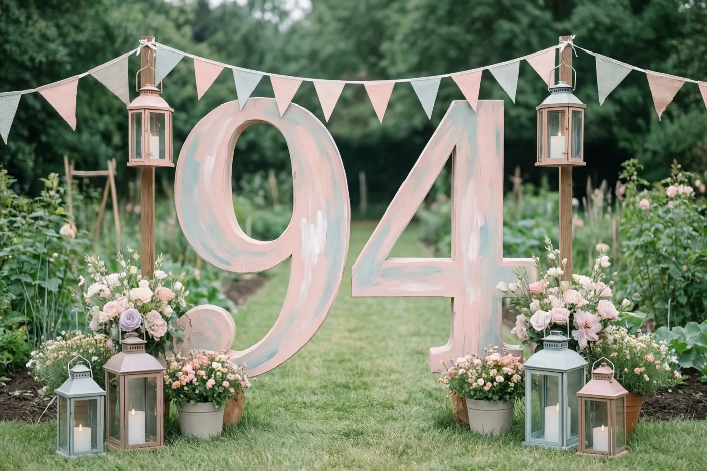 Een groot beschilderd houten bord met 94 staat tussen bloemstukken, lantaarns en vlaggetjes in zachte pastelkleuren, met gras en bomen op de achtergrond.
