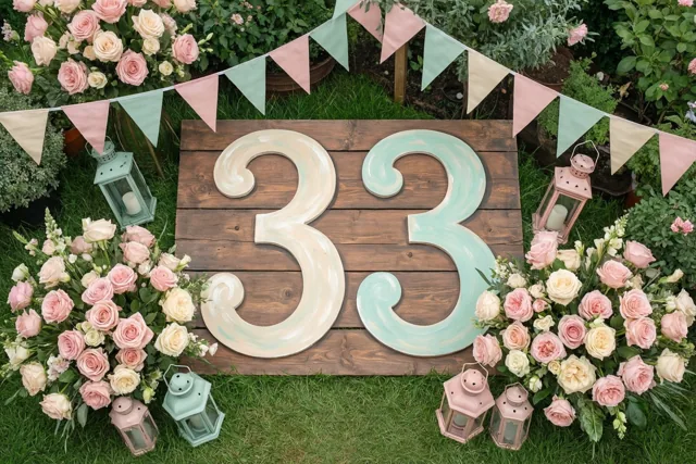 Een groot houten bord met 33 staat op het gras tussen roze en crèmekleurige rozen, vlaggetjes en lantaarns, met mintgroene accenten.