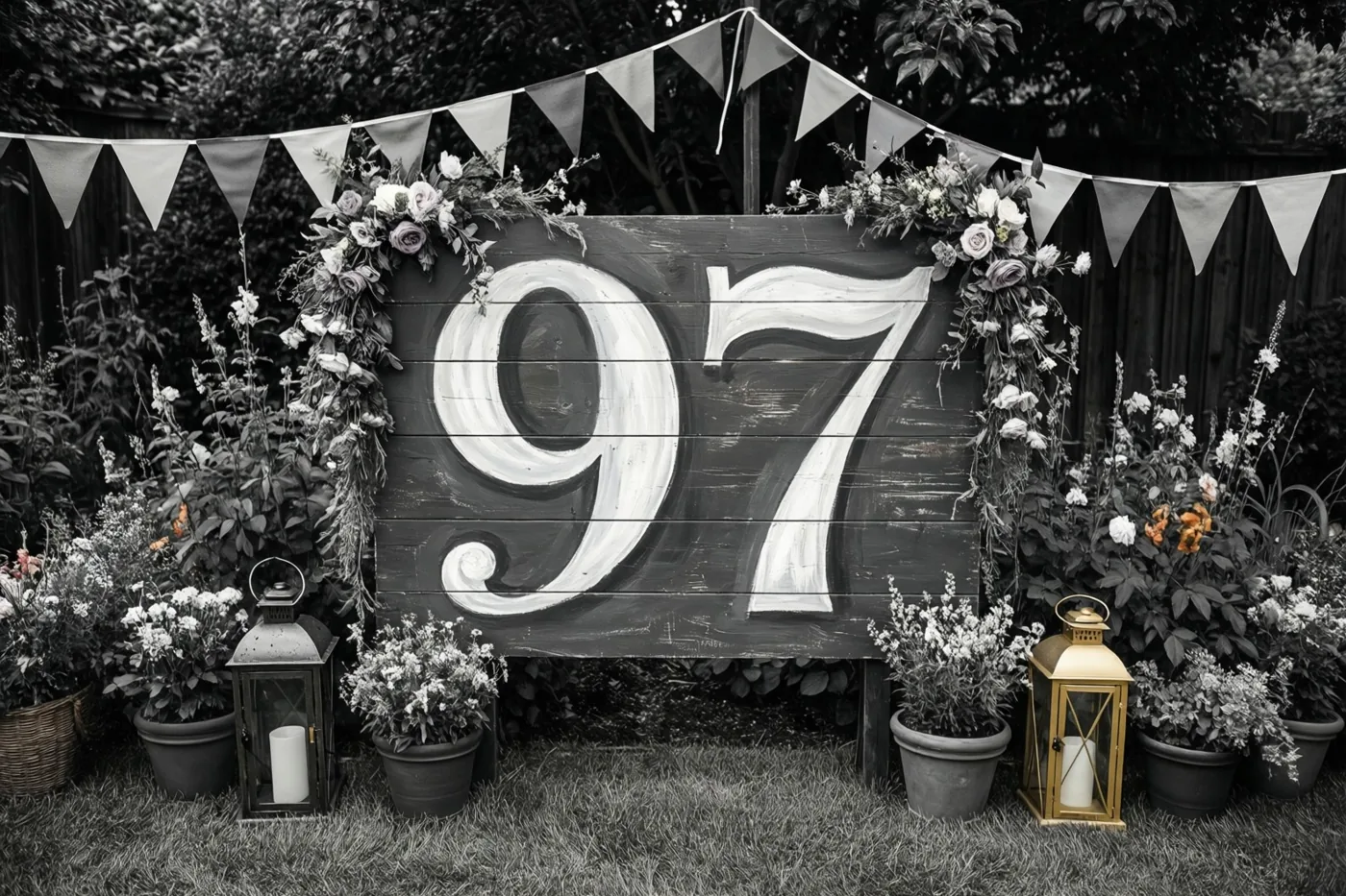 Een zwart-witfoto toont een groot houten bord met 97 in witte verf in een tuin, tussen potplanten, lantaarns en vlaggetjes.