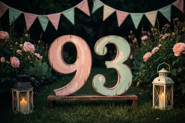 Een beschilderd houten bord met 93 staat op een houten standaard in een tuin, tussen twee brandende lantaarns, roze rozen en pastelvlaggetjes.