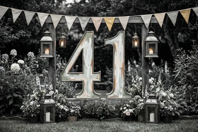 Een groot houten bord met 41 staat midden in een tuin, omringd door bloemen, hangende lampionnen en vlaggenlijnen.
