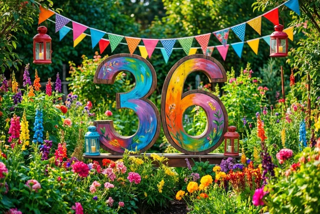 Een groot beschilderd houten bord met het getal 36 staat in een tuin vol kleurrijke bloemen, vlaggetjes en hangende lantaarns.