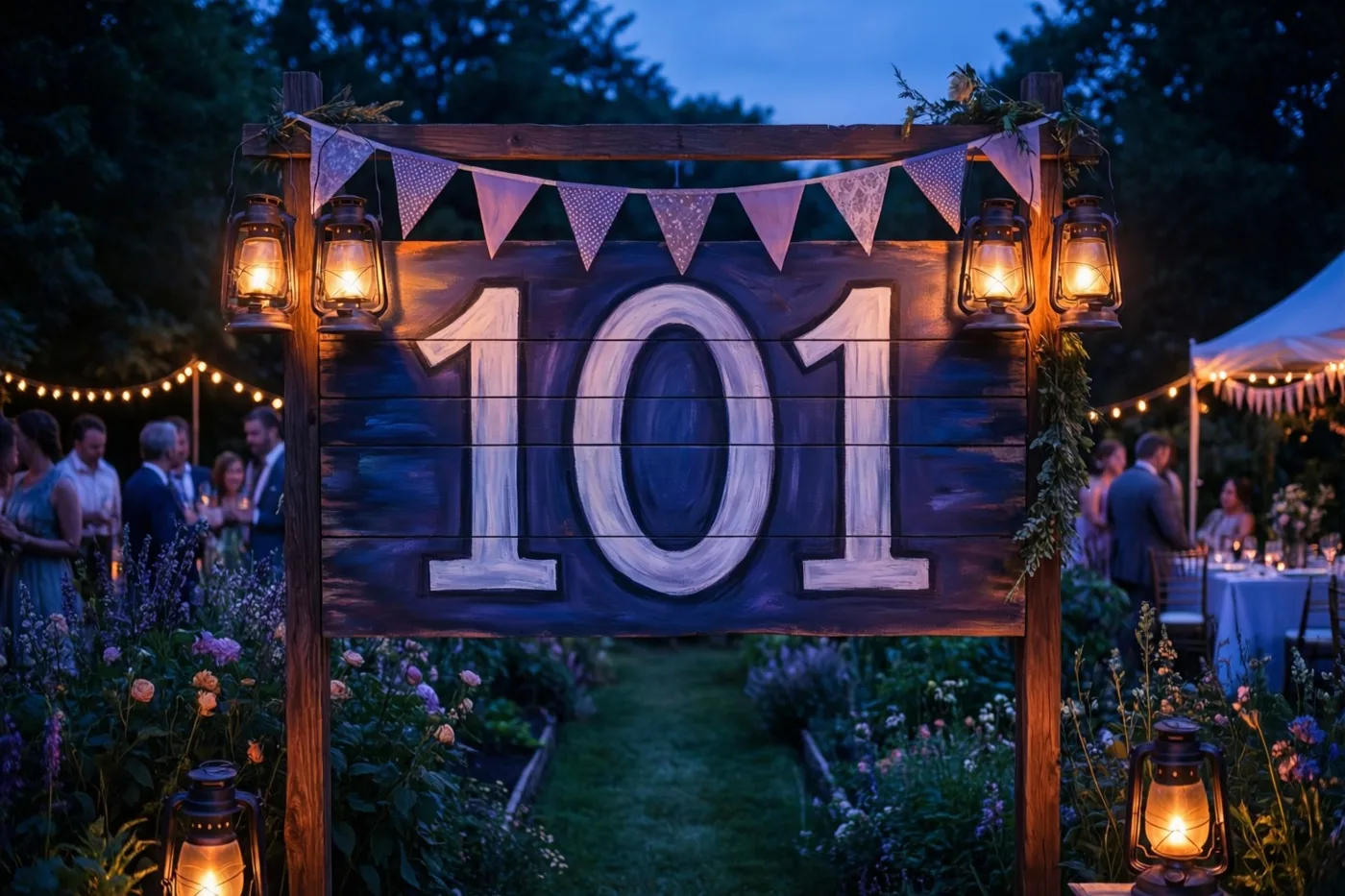Een groot houten bord met het geschilderde getal 101 staat bij schemering in een tuin tussen bloemen, lantaarns, vlaggetjes en lichtslingers.
