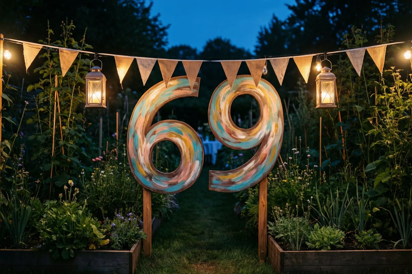 Een groot beschilderd houten bord met 69 staat bij schemering tussen het groen in een tuin, verlicht door lichtslingers en lampionnen in blauwe, gele en groene tinten.