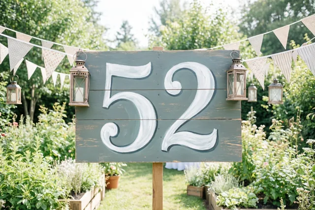 Een groot houten bord met het geschilderde getal 52 staat in een weelderige tuin tussen groen, vlaggetjes en lantaarns.
