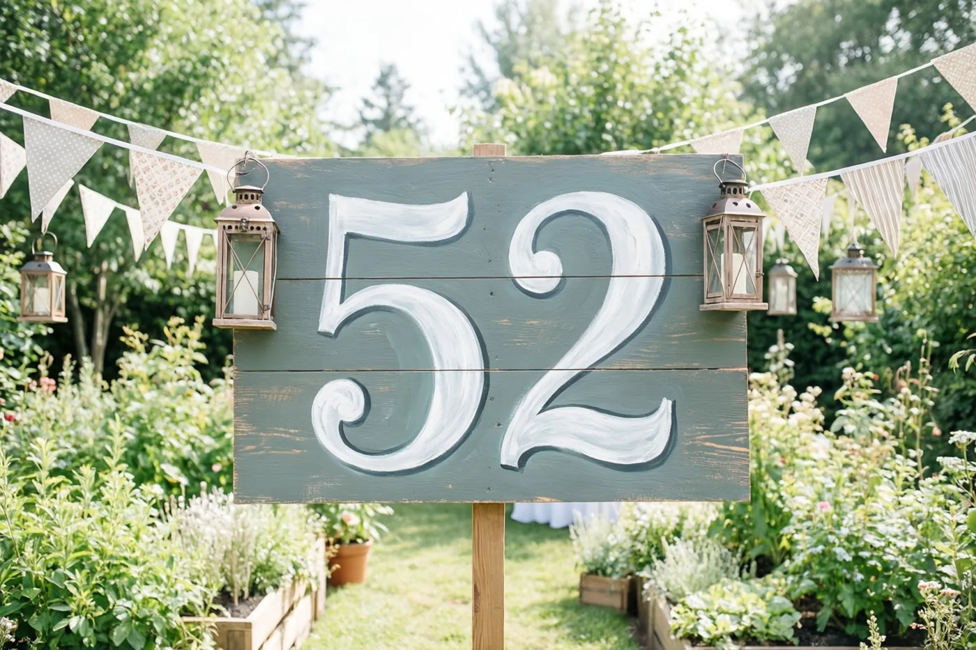 Een groot houten bord met het geschilderde getal 52 staat in een weelderige tuin tussen groen, vlaggetjes en lantaarns.