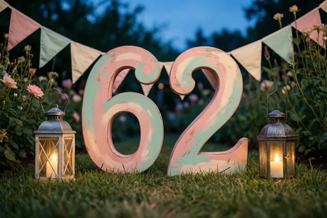Een groot beschilderd houten bord met 62 staat op het gras tussen twee brandende lantaarns, met vlaggetjes in een tuin bij schemering.