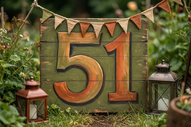 Een groot houten bord met het geschilderde getal 51 staat in een tuin, versierd met vlaggetjes en met een lantaarn aan elke kant.