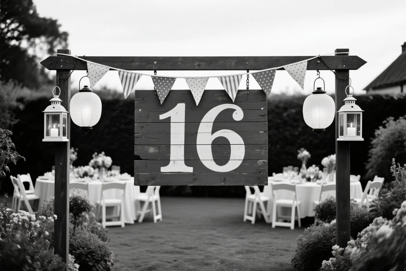 Een zwart-witfoto toont een houten bord met het getal 16 tussen twee palen met vlaggetjes en lantaarns, met tuintafels en stoelen op de achtergrond.