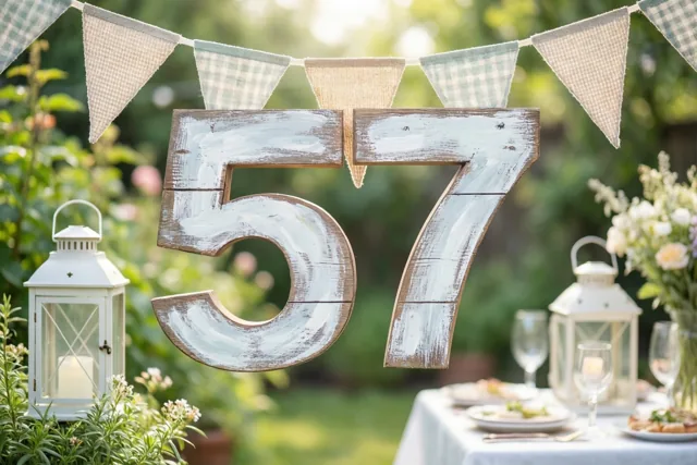 Een groot houten bord met 57 staat in een zonnige tuin tussen vlaggetjes en witte lantaarns, met een tafel en bloemstukken op de achtergrond.