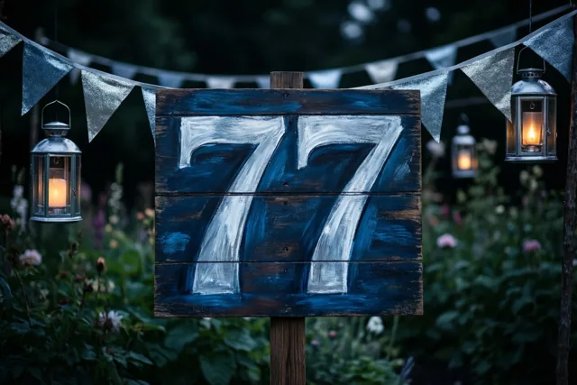 Een houten bord met het geschilderde getal 77 staat in een tuin bij schemering, tussen hangende lantaarns en zilveren vlaggetjes in warm kaarslicht.