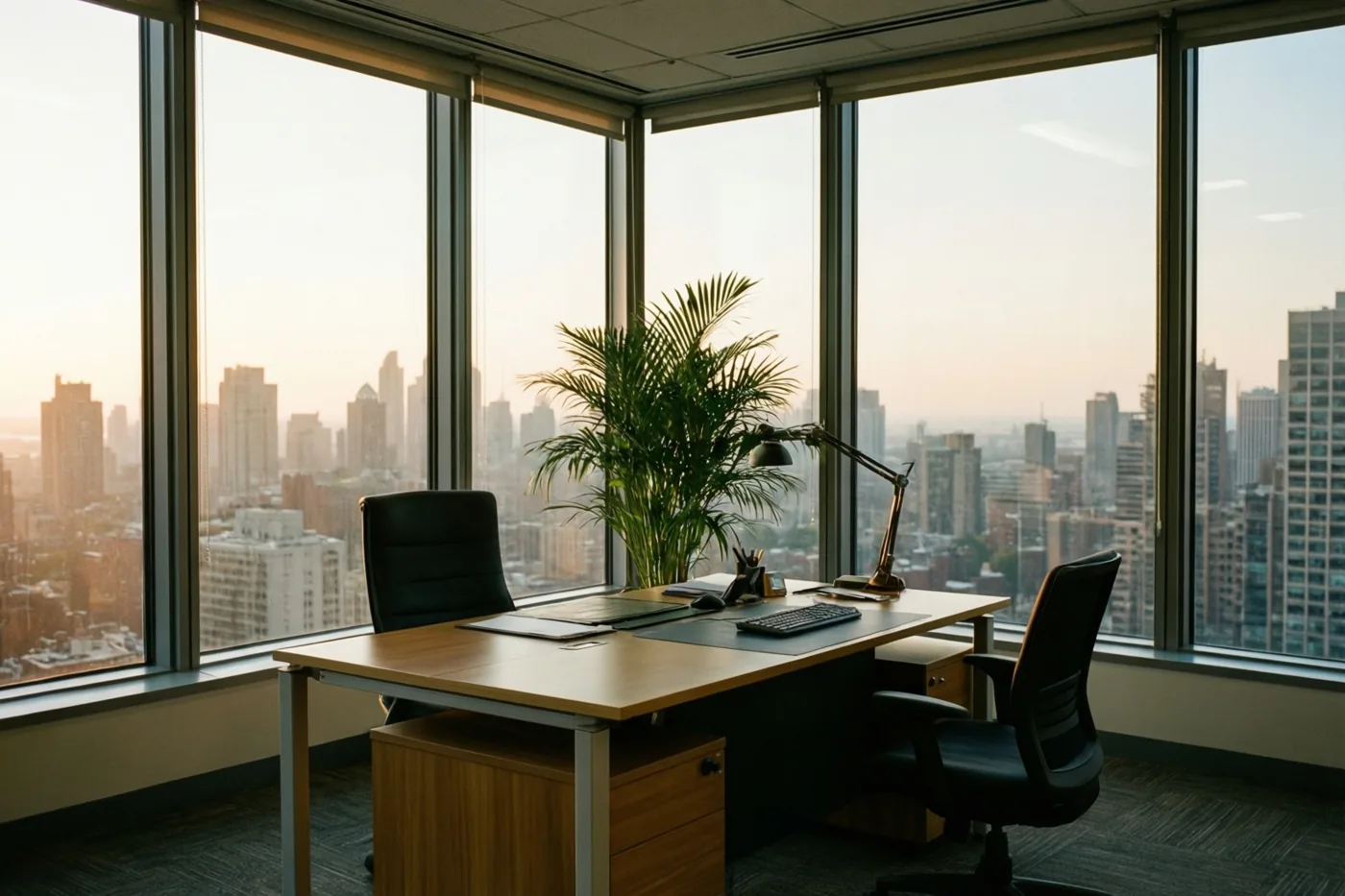 Een leeg kantoor met een houten bureau en een palm in een pot kijkt in zacht, warm licht uit op een stad bij dageraad.