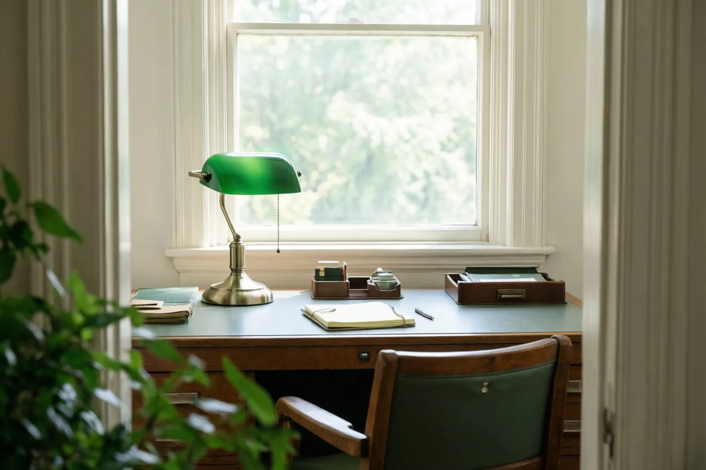 Vanuit een deuropening is een houten bureau onder een raam te zien, met een groene bankierslamp en een open notitieblok in zacht daglicht.