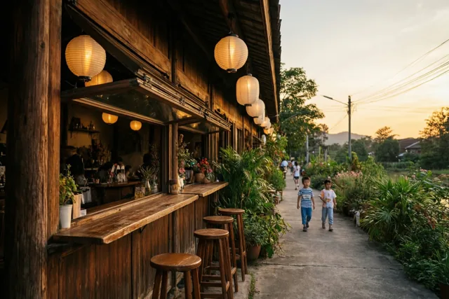 Bij valavond hangen papieren lampionnen buiten aan het raam van een bruin houten café, met kinderen op een pad in de verte tussen weelderig groen en warm goudkleurig licht.