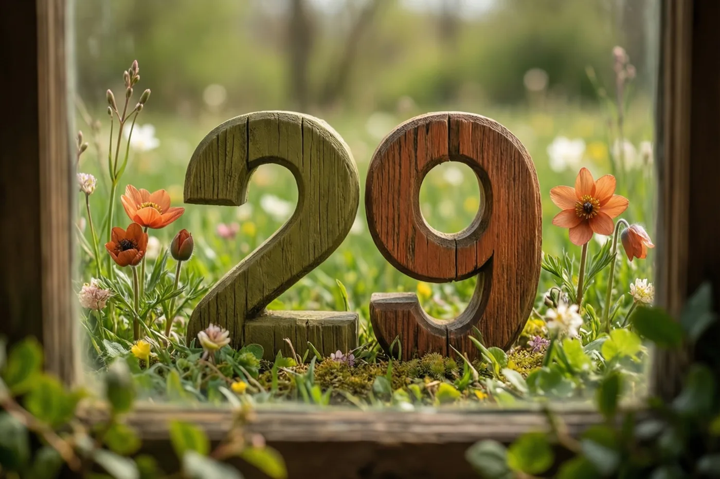 Door een raamkozijn zijn houten cijfers 29 te zien tussen oranje en witte lentebloemen in een zonnige weide.