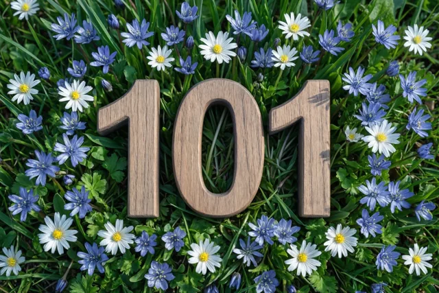 Houten cijfers vormen 101 in een zonnige weide met frisgroen gras en blauwe en witte lentebloemen.