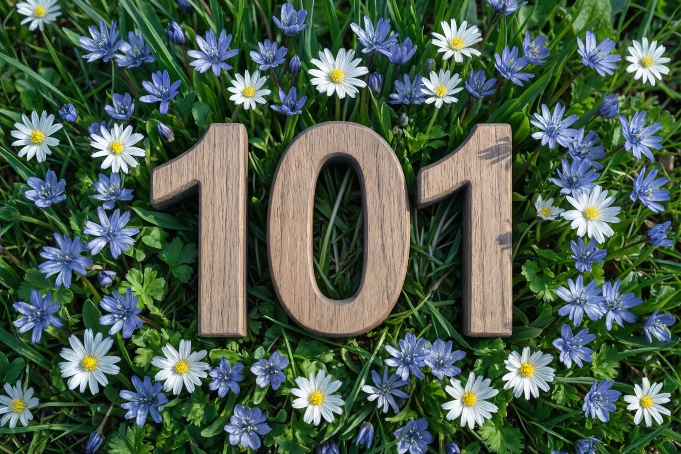 Houten cijfers vormen 101 in een zonnige weide met frisgroen gras en blauwe en witte lentebloemen.