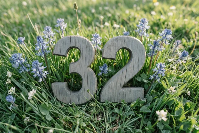 Houten cijfers 32 staan in een zonnige grasweide met blauwe en witte lentebloemen.