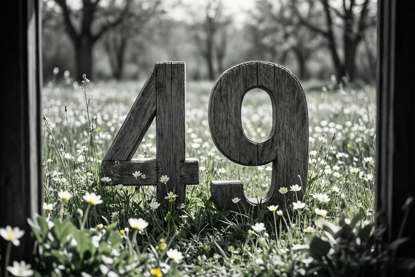 Door een donker houten kader zijn houten cijfers 49 tussen witte lentebloemen te zien, in een grotendeels zwart-witbeeld met plaatselijke kleuraccenten.