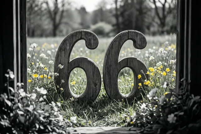 Door een raam zijn houten cijfers die 66 vormen te zien in een grasweide met gele en witte bloemen, met een zwart-witte achtergrond en bloemen die in kleur opvallen.