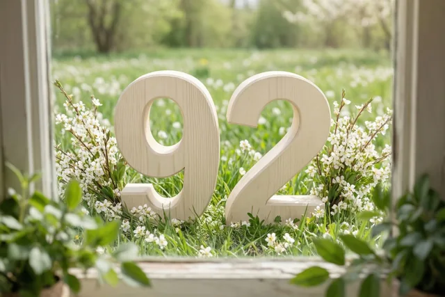 Door een raam zijn houten cijfers 92 te zien tussen witte lentebloemen in een zonnige groene weide.