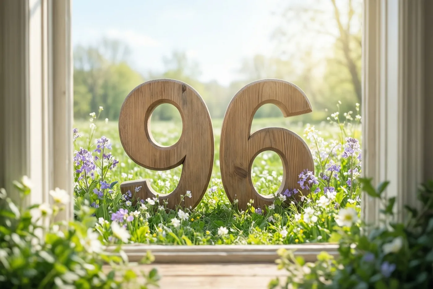 Door een raamkozijn zijn houten cijfers 96 te zien in een zonnige weide vol lentebloemen in groene, witte en paarse tinten.