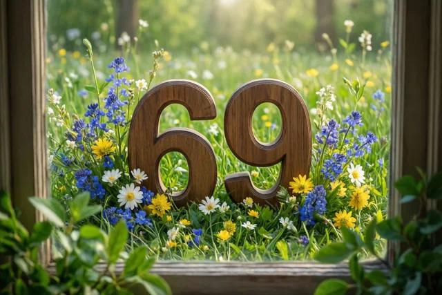 Door een raamkozijn zijn houten cijfers 69 te zien tussen kleurrijke lentebloemen in een zonnige weide met vooral groene, blauwe en gele tinten.