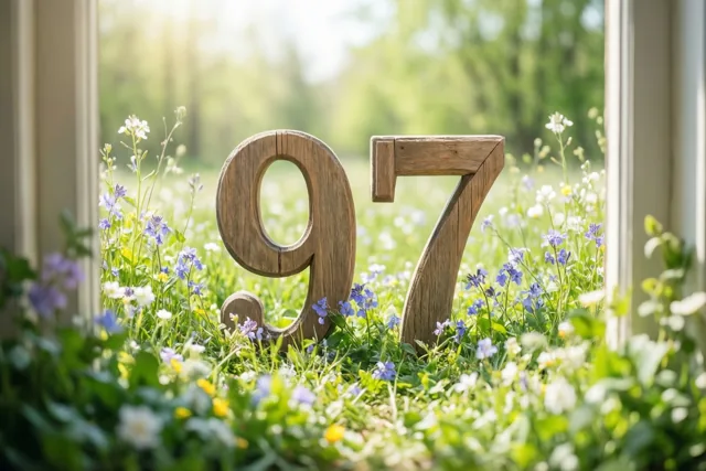 Houten cijfers 97 staan in een zonnige weide met lentebloemen, gezien door een raam met ruiten.