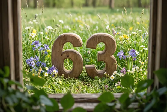 Door een houten kader zijn houten cijfers 63 te zien in een zonnige grasweide met paarse en witte lentebloemen.