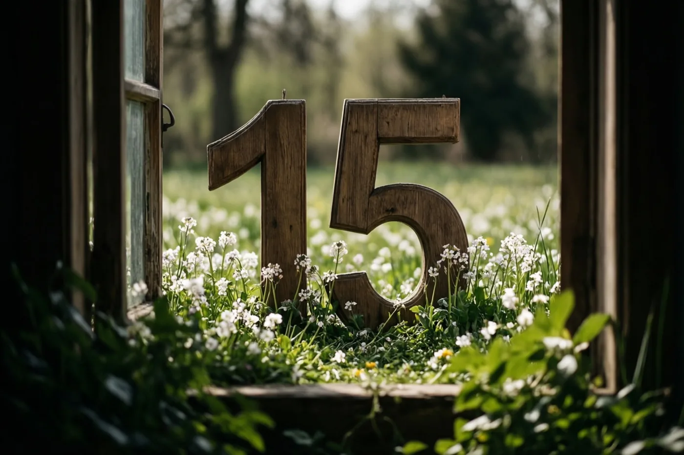 Door een open raamkozijn zijn houten cijfers 15 te zien tussen witte lentebloemen in een zonnige weide met groen op de achtergrond.