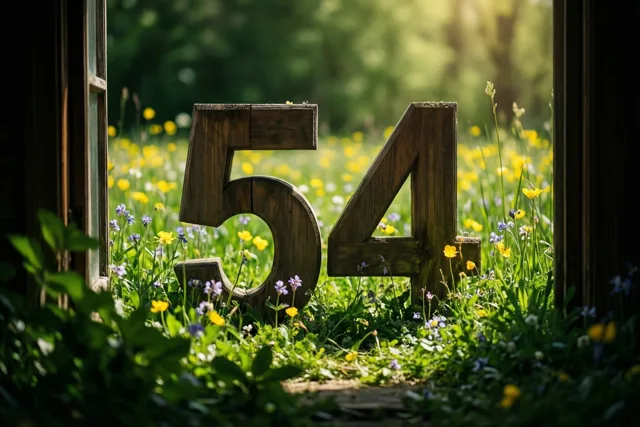 Door een raamopening zijn houten cijfers 54 te zien in een zonnige weide met groen gras en gele en paarse lentebloemen.