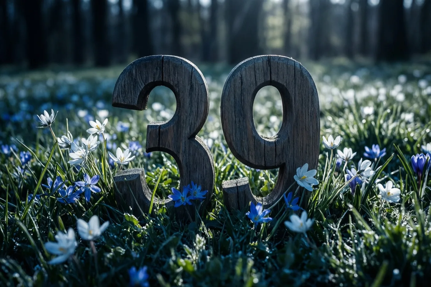 Houten cijfers vormen 39 in een zonnige grasweide met blauwe en witte lentebloemen en een onscherp bos op de achtergrond.
