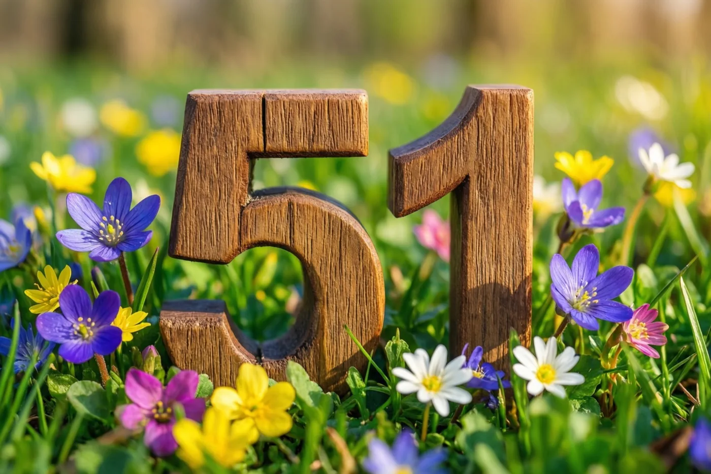 Houten cijfers 51 staan rechtop in een zonnige weide met verse lentebloemen en een onscherpe achtergrond.